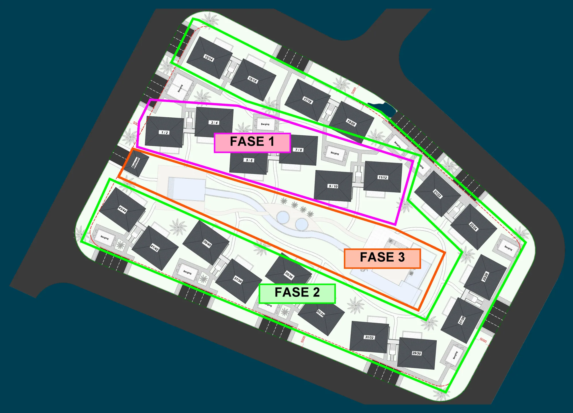 Faseringsplan van het resort met fase 1, fase 2 en fase 3